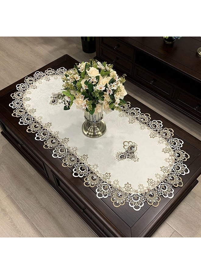 ChicAbode مفرش طاولة قهوة بيضاوي، 19.7 × 43.3 بوصة، دانتيل رمادي، مفرش طاولة دانتيل مطرز، قطعة ديكور مركزية - Image 1